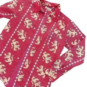 Vintage Red Shirt Button Down Welsh Dragon Pattern Pocket Unisex Size Small